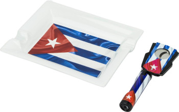 Zigarren Set : "Cuba Flag"  Zigarrenascher +3er Jet Feuerzeug + Zigarrenabschneider